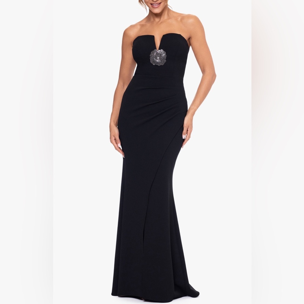 new Xscape rhinestone detail strapless scuba crepe gown in black crystal flower